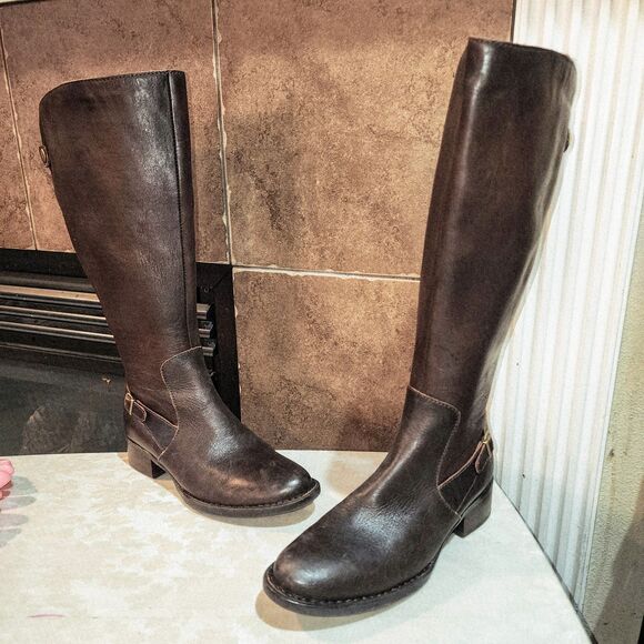 BORN GIBB Sz 6.5 Logo Brown Leather Tall Zip Western Country Boho Riding Boots - Picture 2 of 11